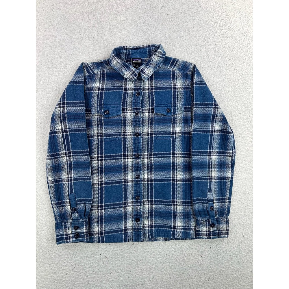 Patagonia Shirt Womens 4 Blue Plaid Fjord Cotton Flannel Long Sleeve Button Up